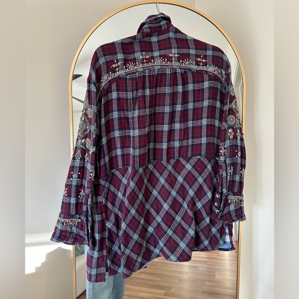 Free People Silver Sequin Plaid Button-Up Shirt - Picture 9 of 11